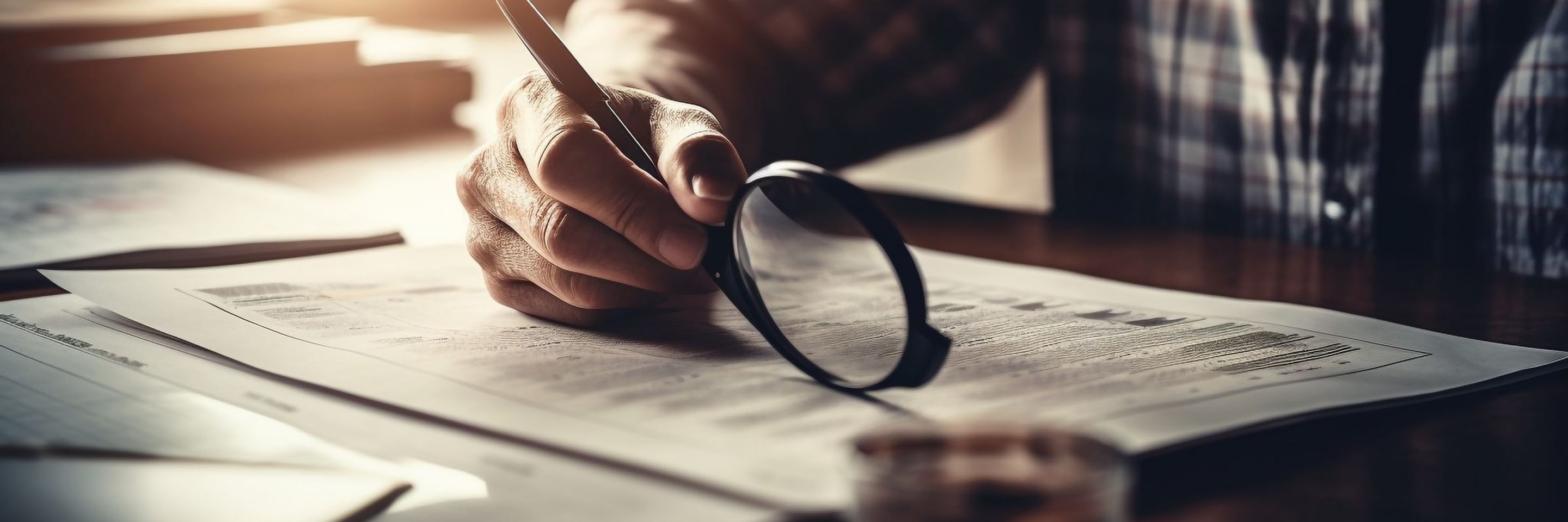 Young businessman analyzing data holding magnifying glass generated by ai Copy
