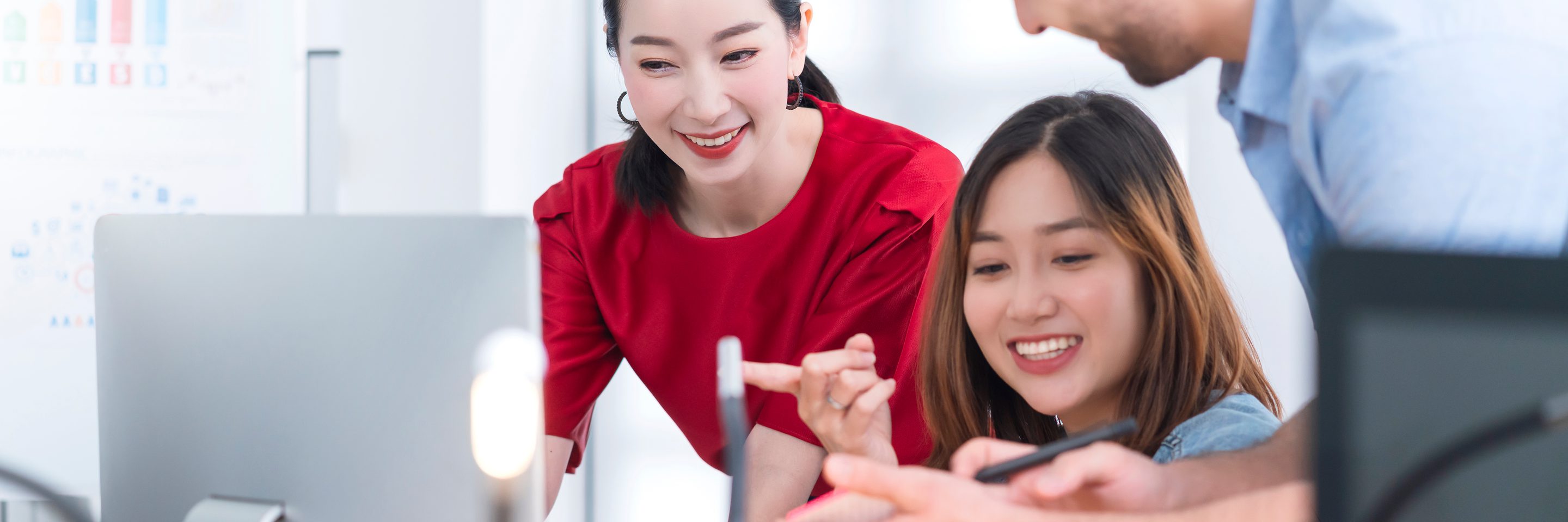 Asian colleague male female friend casual dress meeting consult work together with fun happiness successful brainstorm workplace business partners relation ideas concept
